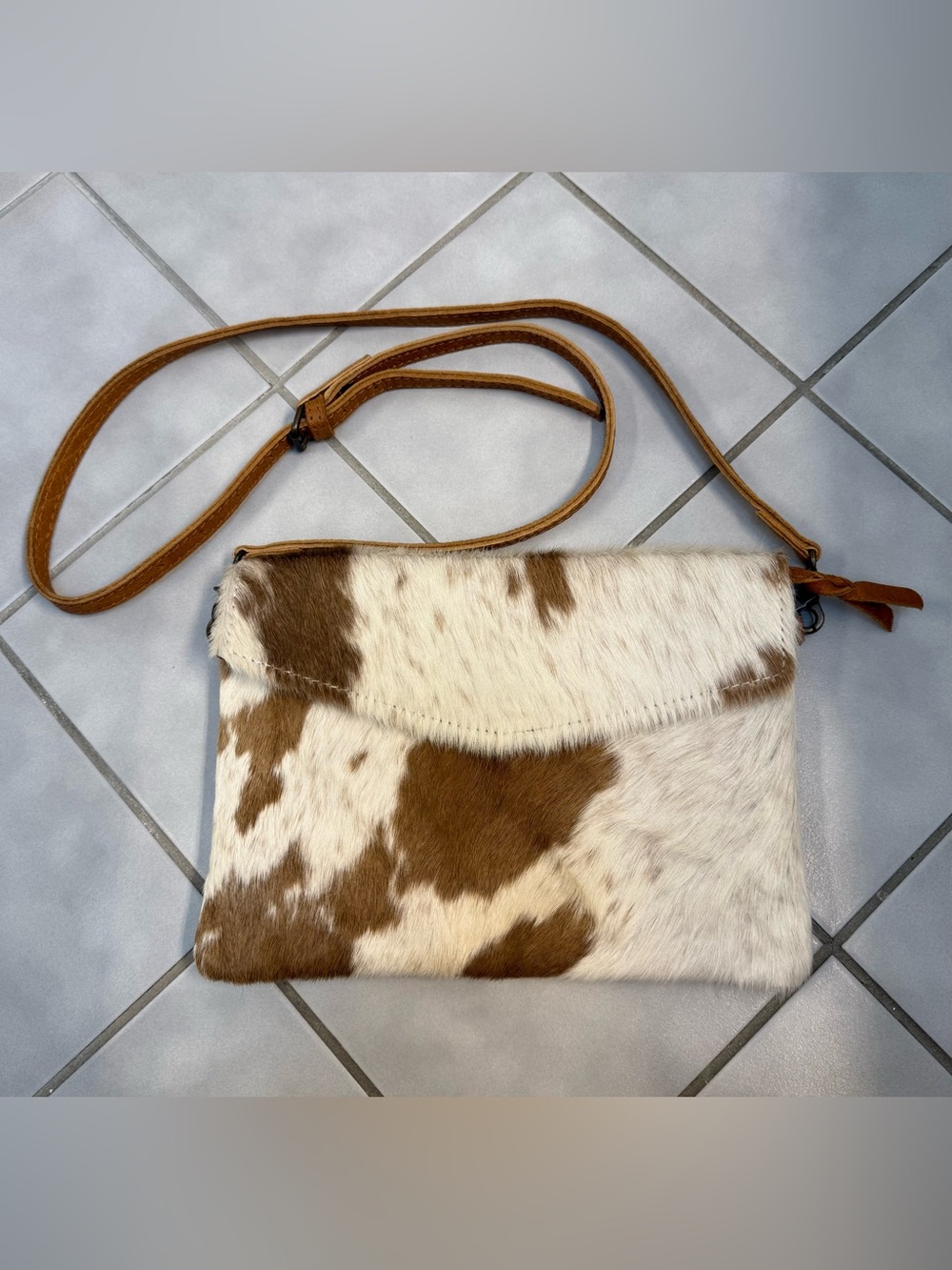 American Darling Leather Cowhide Brown/White Western Boho Crossbody Bag